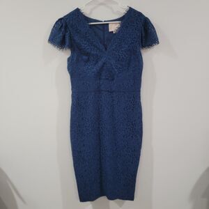 gal meets glam blue floral dress Mac Duggal - Blue Applique High Neck Puff Sleeve A Line Dress main image 0